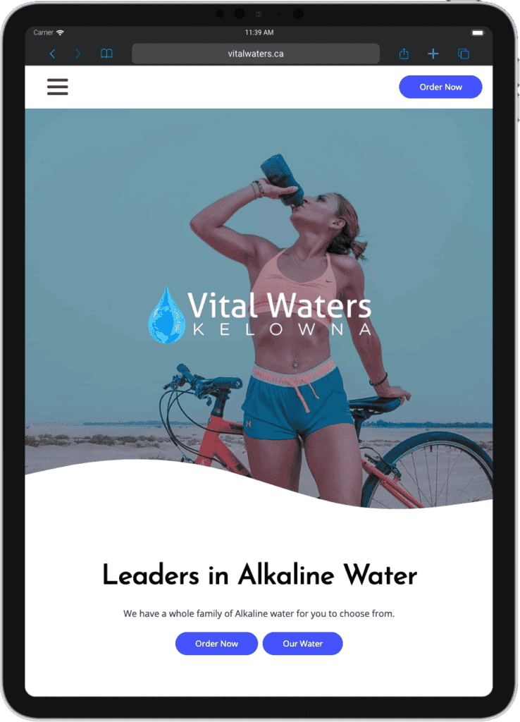 Vital Waters Kelowna mobile homepage with woman drinking alkaline water, promoting hydration and healthy living.