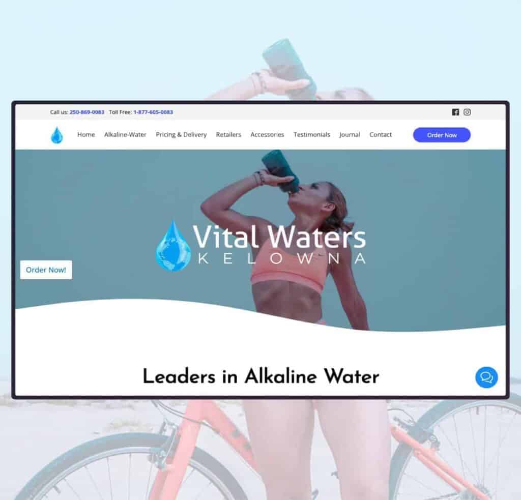 Website design for Vital Waters Kelowna, featuring a clean, modern layout with a focus on alkaline water products and online ordering.