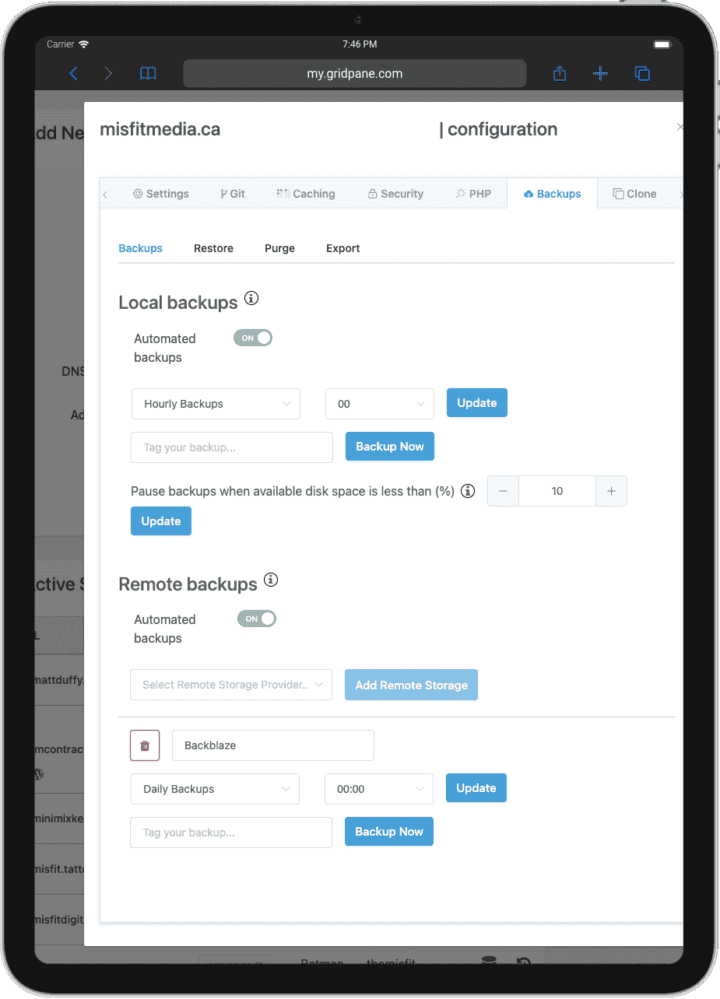 Web hosting dashboard showing automated local and remote backups setup on a tablet for secure website data management.