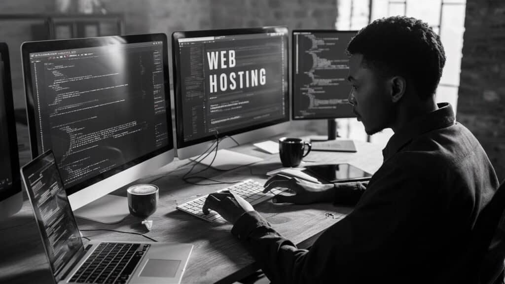 Web hosting services in Kelowna, featuring a vibrant design with the text Kelowna Website Hosting' prominently displayed against a background of digital elements.