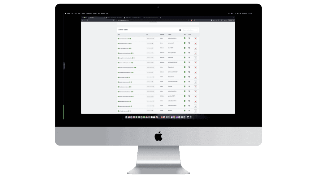 Web hosting dashboard displaying active sites and server information on a desktop monitor, ideal for managing multiple domains.