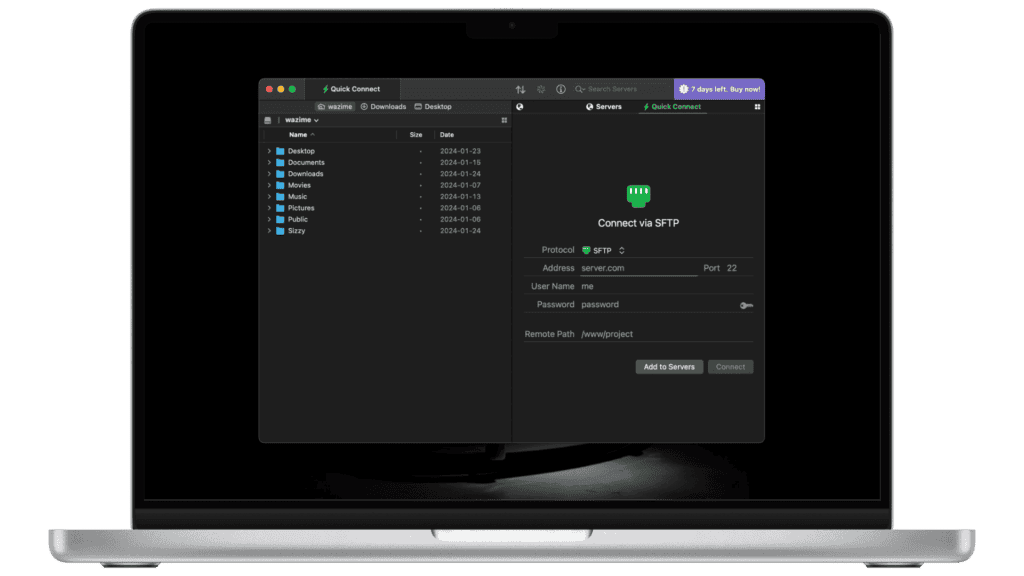 Web hosting dashboard on a laptop showing SFTP connection setup and file management for secure website hosting.