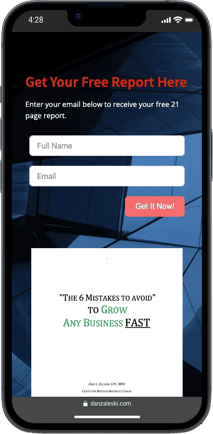 Mobile form to get a free report on growing a business fast, featuring fields for name, email, and a call-to-action button.