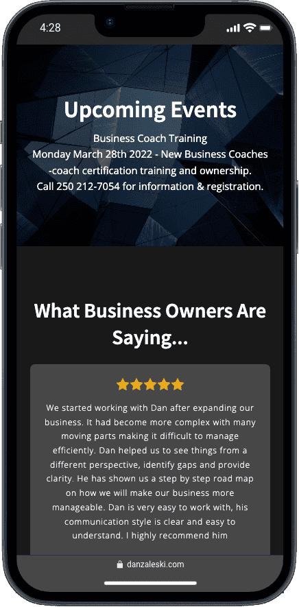 Upcoming business coach training event details with a customer testimonial on the benefits of working with a business coach.