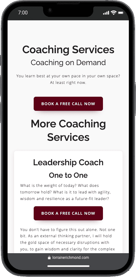 Mobile view of business coaching services page, offering leadership and personalized coaching with a call-to-action button for booking a free call.