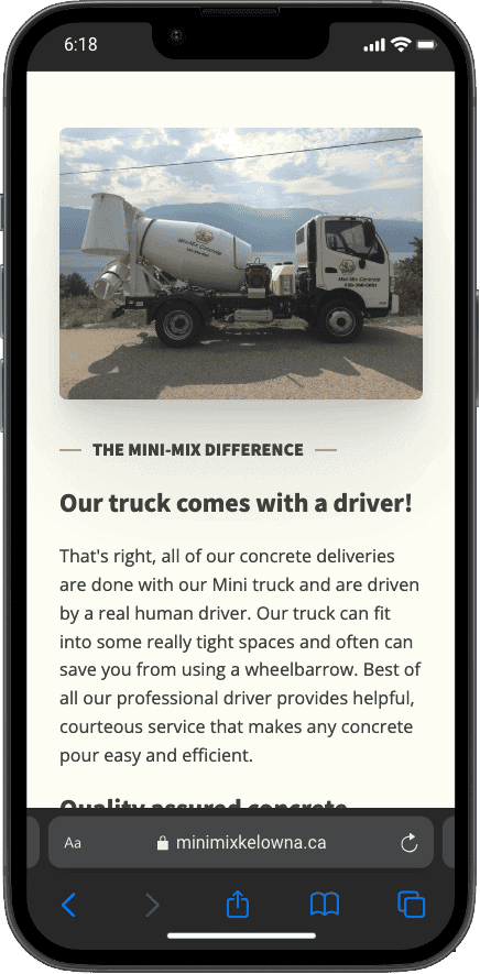 Mini-Mix Concrete delivery truck featured on a mobile site, highlighting professional concrete delivery service in Kelowna.