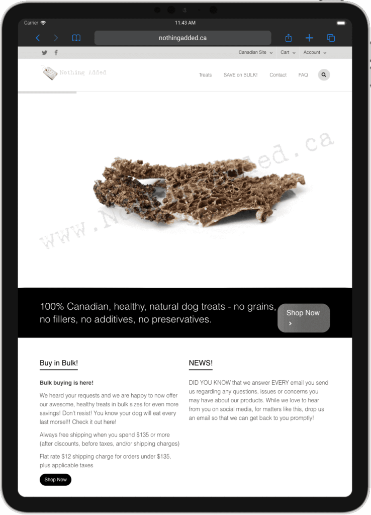 Natural Canadian dog treats displayed on Nothing Added's website, offering 100% healthy, grain-free, additive-free, and preservative-free snacks.