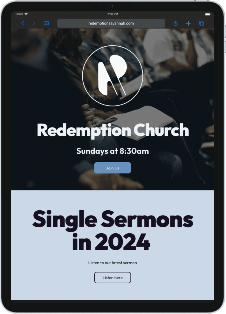 Redemption Church homepage with service times and sermon details.