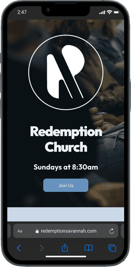 Redemption Church homepage on mobile, showcasing the new website design by Misfit Media.