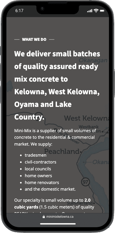 Mobile-friendly website for Mini-Mix Concrete showcasing small batch ready mix concrete delivery services in Kelowna, West Kelowna, Oyama, and Lake Country.