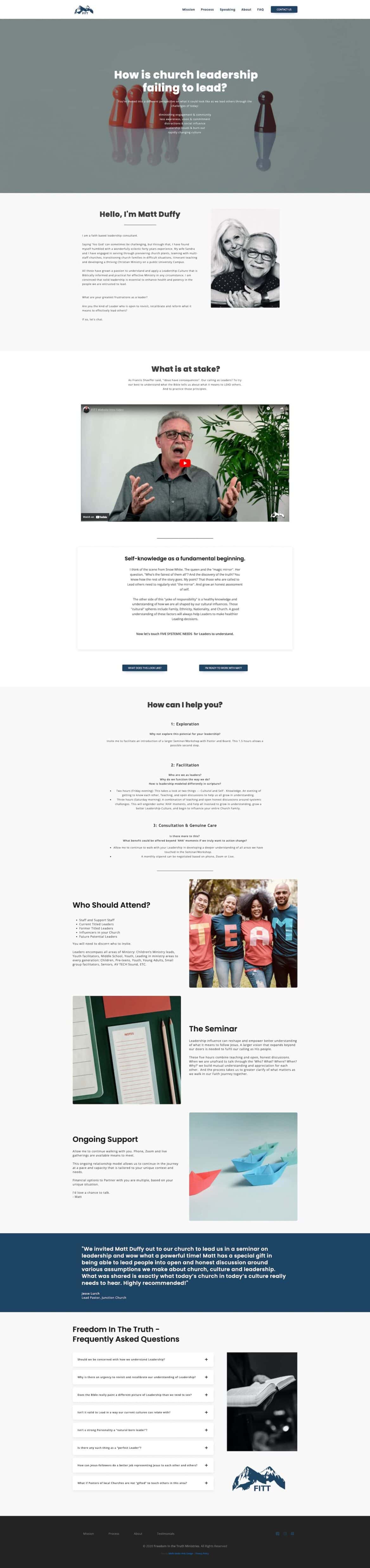 Matt Duffy's leadership coaching website highlighting church leadership challenges, offering seminars, ongoing support, and consultation for leaders.