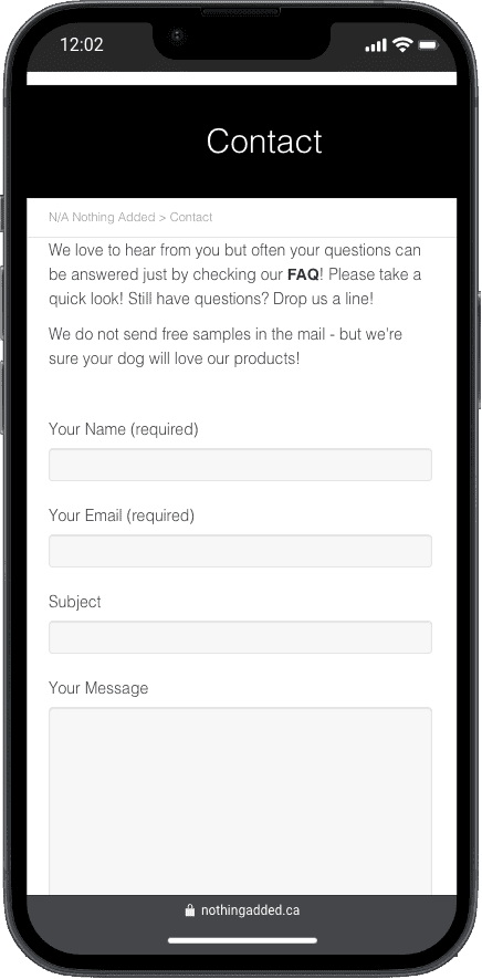 Contact form on Nothing Added website for inquiries about natural dog treats.