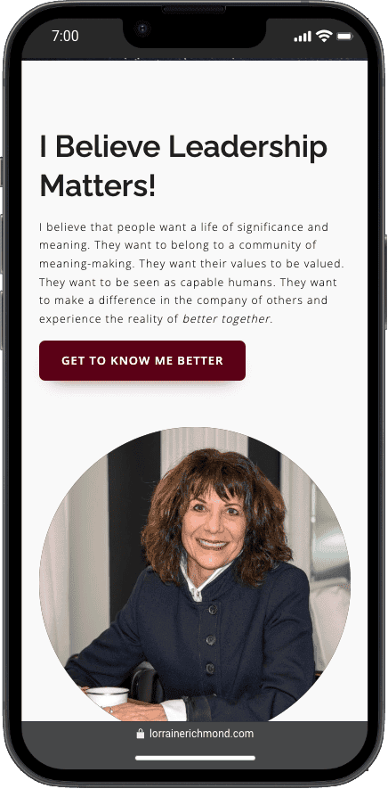 Portrait of Lorraine Richmond on business coaching page, emphasizing leadership coaching with a call-to-action button for getting to know her better.