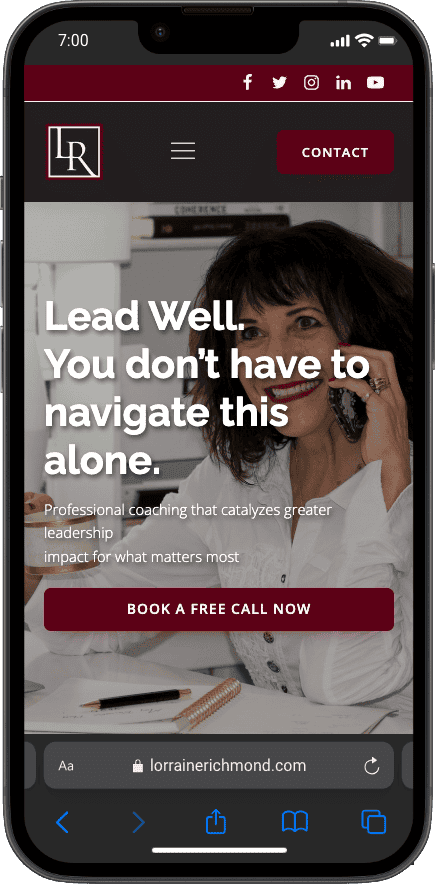 Mobile business coaching website featuring Lorraine Richmond offering leadership and professional coaching services with a call to action for a free consultation.