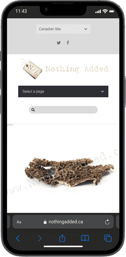 Screenshot of Nothing Added's homepage showcasing 100% natural Canadian dog treats, free from grains, fillers, additives, and preservatives.