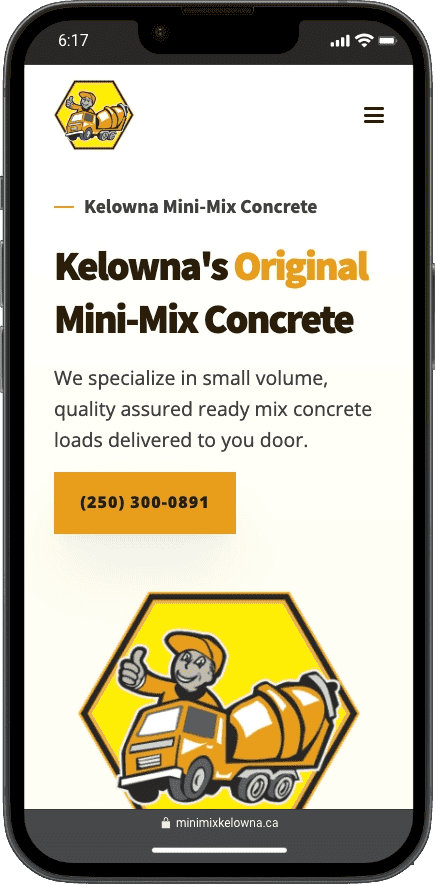 Kelowna Mini-Mix Concrete mobile site featuring small volume ready mix concrete delivery service with contact details.