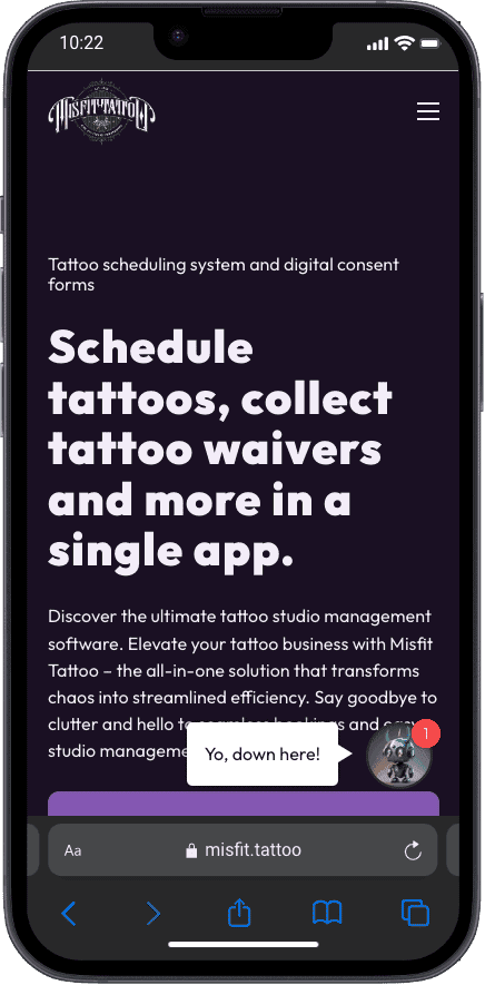 Misfit Tattoo scheduling system and digital consent forms for streamlined tattoo studio management.