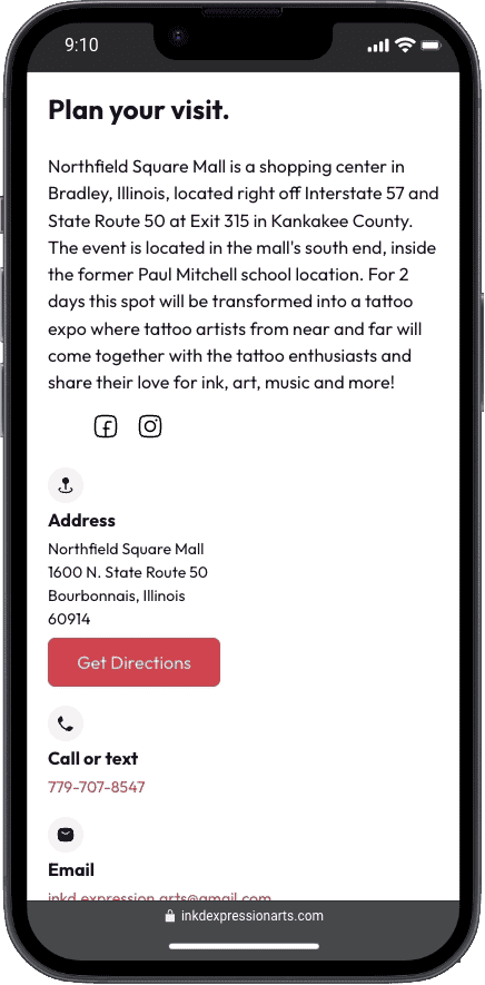 Mobile-optimized site for Ink'd Arts Fest providing location details and contact information, designed for tattoo businesses.