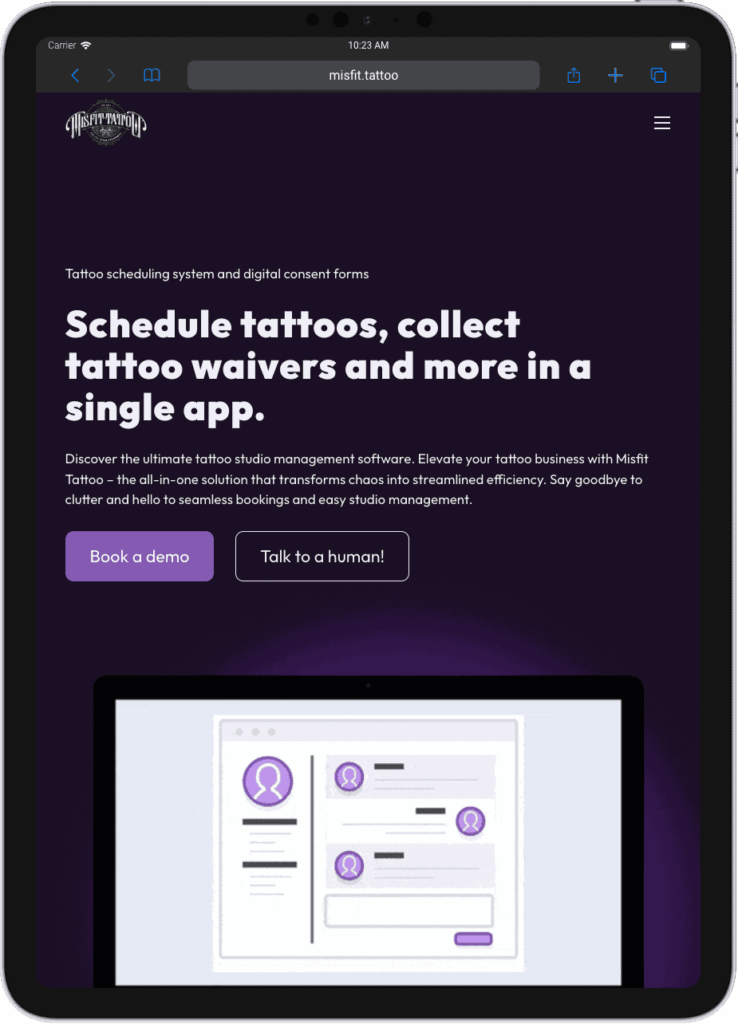 Misfit Tattoo studio management software for scheduling tattoos and collecting digital waivers.