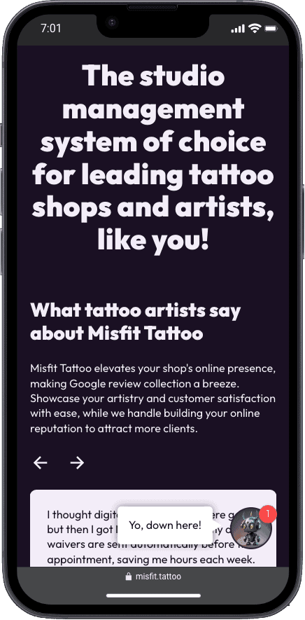 Misfit Tattoo studio management system for tattoo artists and shops to enhance online presence and streamline operations.