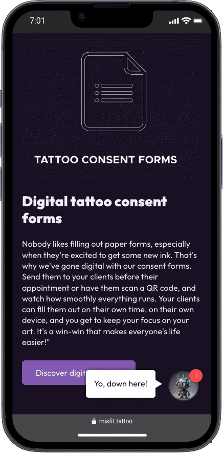 Digital tattoo consent forms by Misfit Tattoo for easy online client management and a smoother tattooing process.