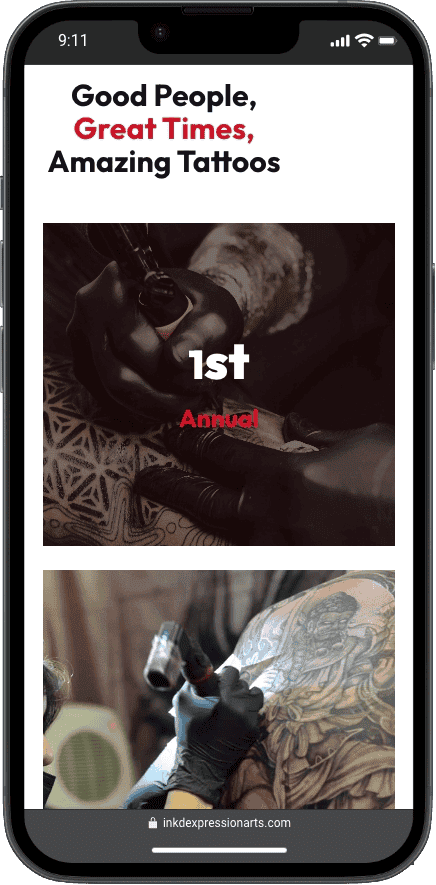 Mobile-friendly site for Ink'd Arts Fest showcasing tattoo artists at work, designed to promote tattoo businesses and events.