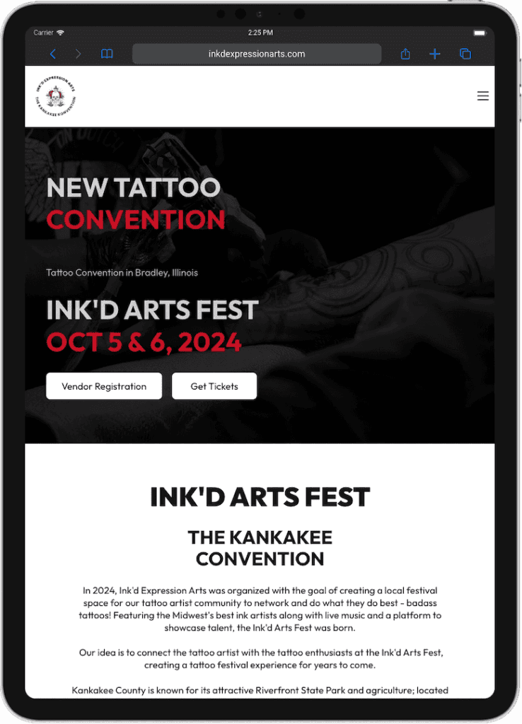 Ink'd Arts Fest tattoo convention website showcasing event details for October 2024 in Bradley, Illinois.