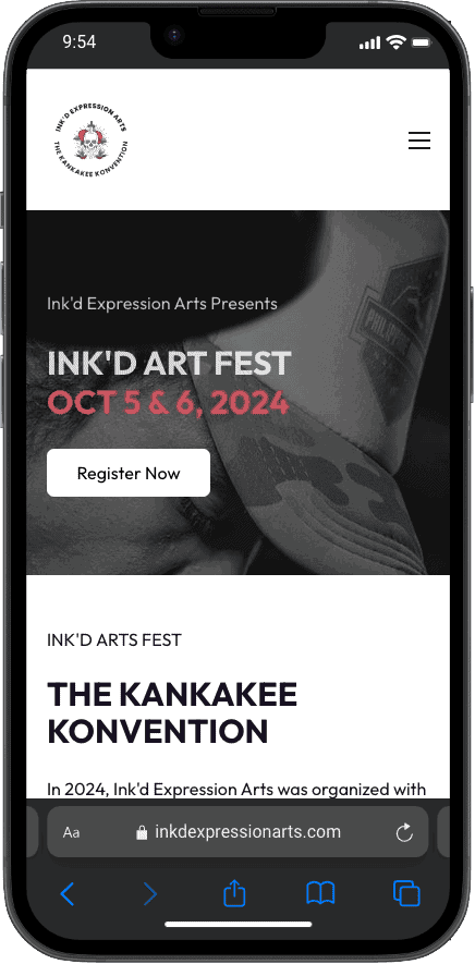 Mobile-responsive site for Ink'd Arts Fest featuring tattoo convention details and registration options, designed for tattoo businesses.