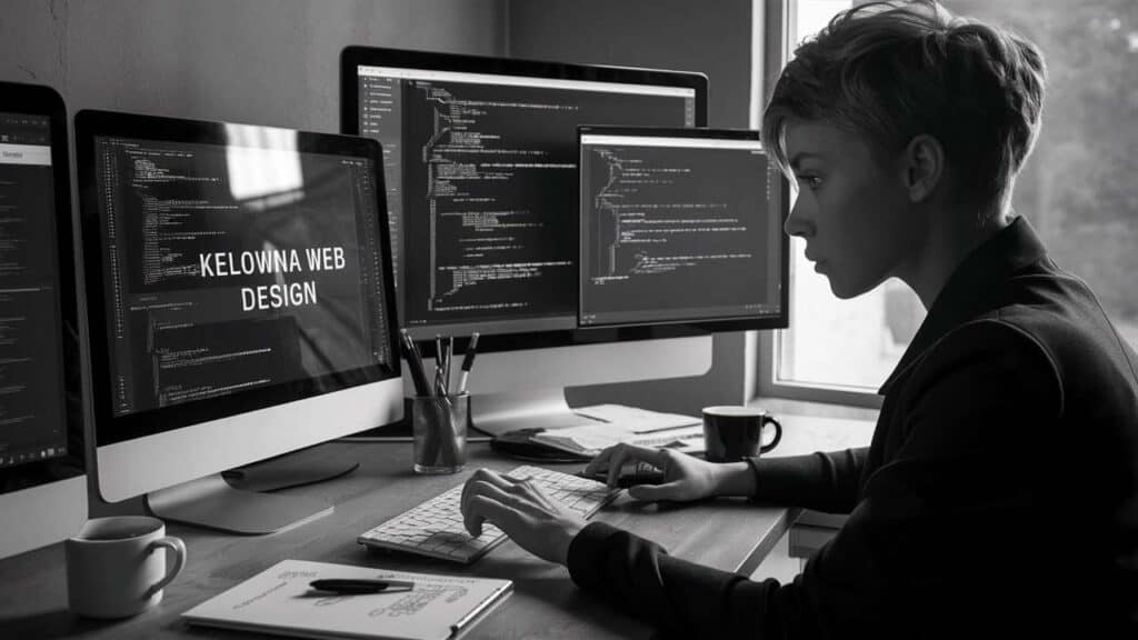 Web designer in Kelowna working on multiple screens with coding software and website design projects.