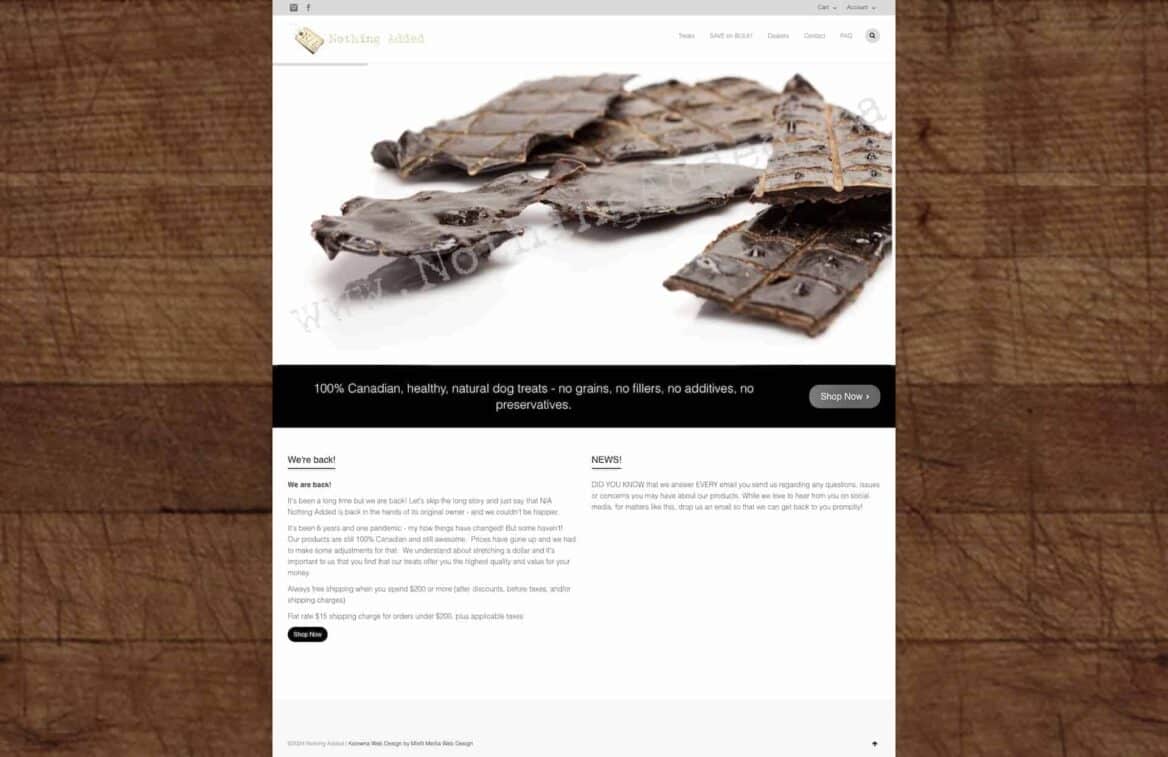 Canadian natural dog treats with no grains, fillers, additives, or preservatives featured on the Nothing Added website.