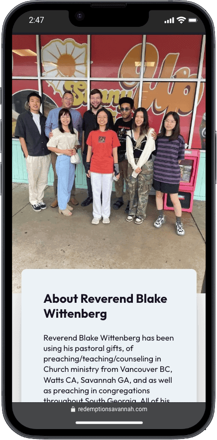 Reverend Blake Wittenberg with church members outside a colorful storefront.