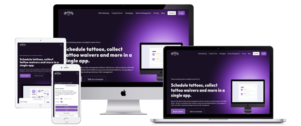 Responsive website design displayed on multiple devices by Misfit Media Web Design in Kelowna, showcasing services like logo design, SEO, and WordPress hosting.