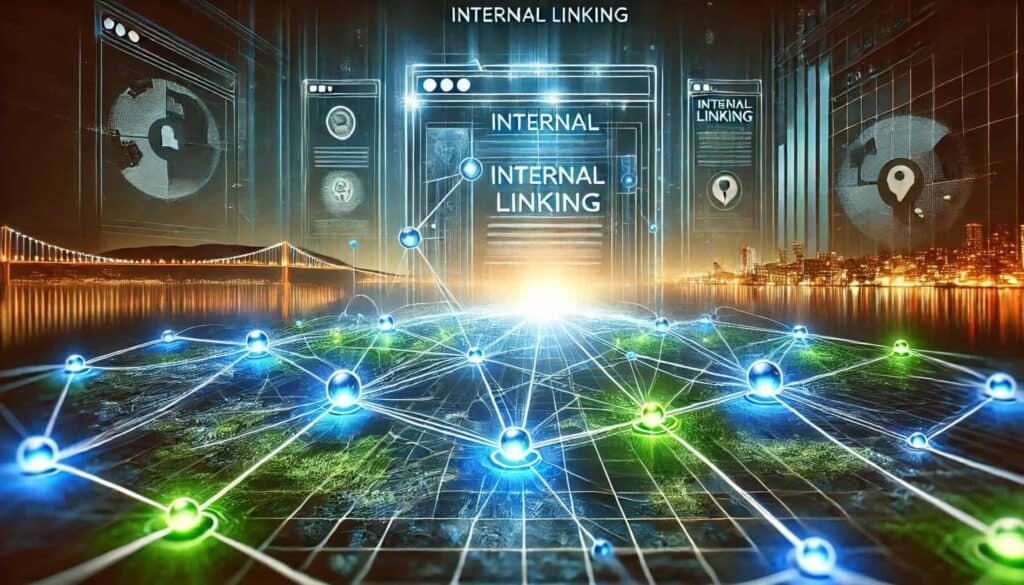 Visual representation of internal linking with glowing interconnected links and an abstract Kelowna skyline, showcasing the importance of Kelowna SEO and Kelowna search engine optimization.