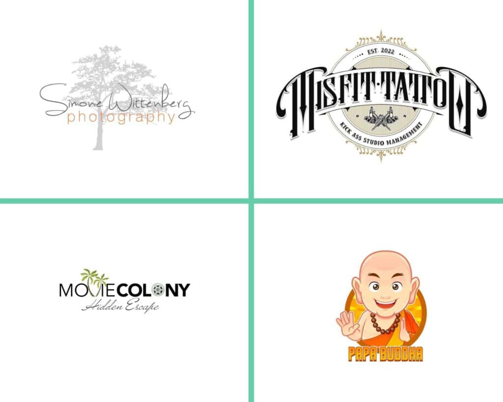 Examples of Kelowna logo design by Misfit Media Web Design, featuring logos for Simone Wittenberg Photography, Misfit Tattoo, Movie Colony, and Papa Buddha.