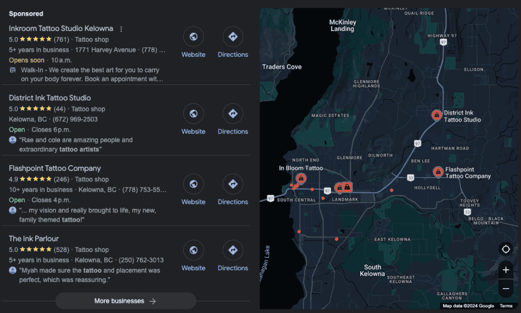 Google Maps view of Kelowna tattoo shops, showing local business listings with ratings and locations, used for Kelowna search engine optimization.