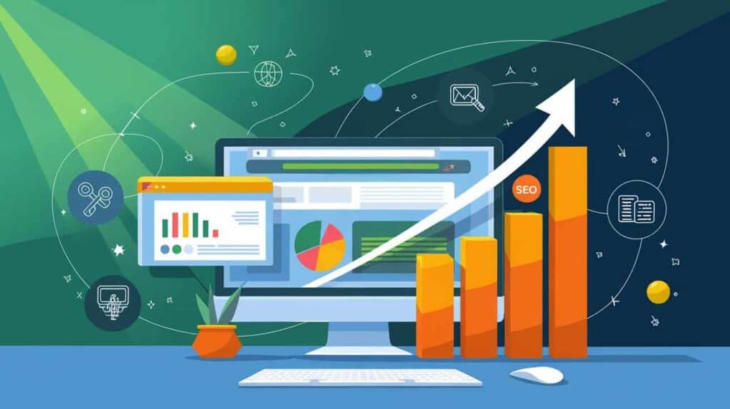 Illustration of SEO strategies driving organic growth, representing Misfit Media Web Design’s expertise in Kelowna.