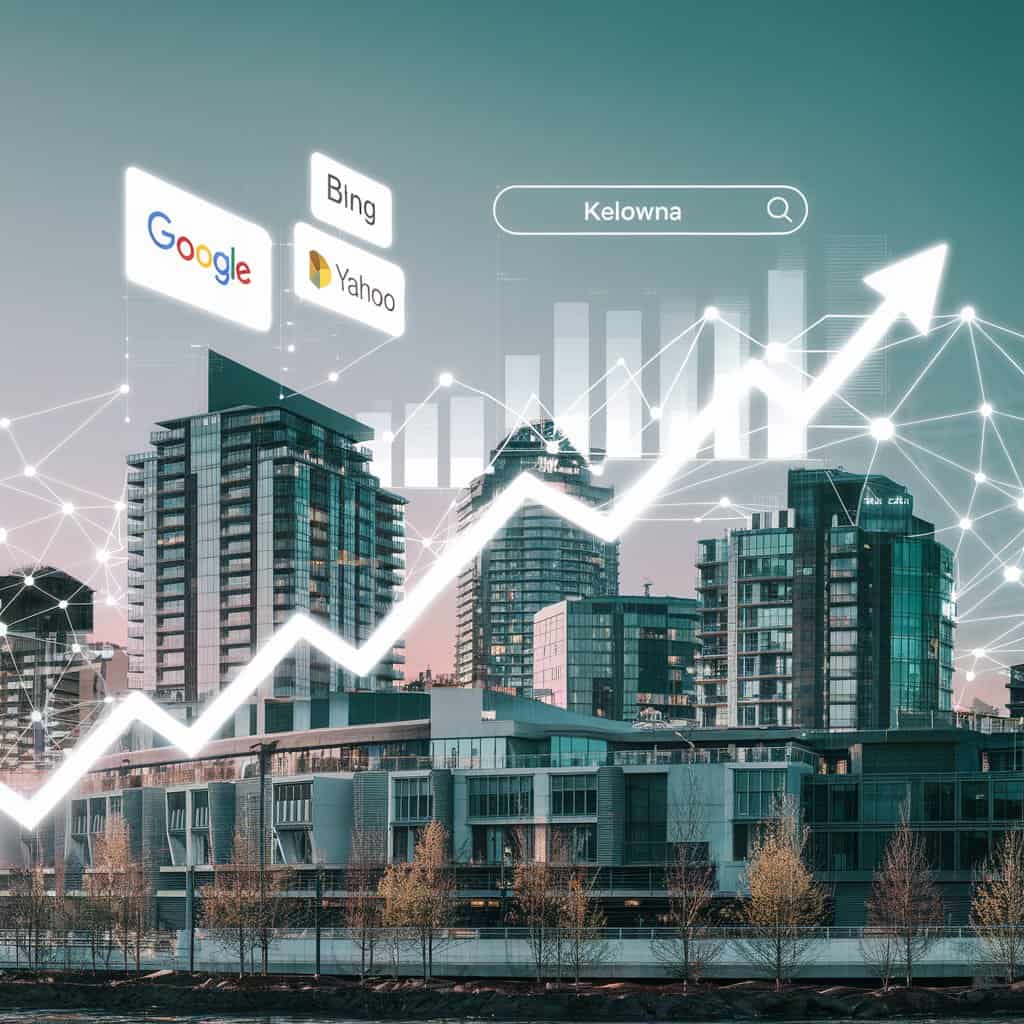 Kelowna city skyline with digital SEO elements, including Google, Bing, and Yahoo icons, a search bar, and an upward-trending graph, symbolizing local SEO growth and search engine optimization strategies.