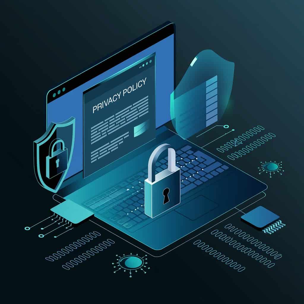 A digital illustration of a secure laptop screen displaying a privacy policy document, with shield and lock icons symbolizing online privacy, data protection, and website security.