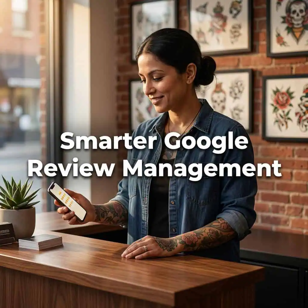 Tattoo studio owner standing at the front counter checking new customer reviews on a smartphone as part of daily Google review management.