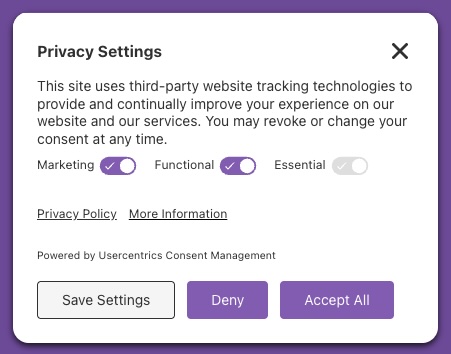 Cookie consent banner example on a small business website